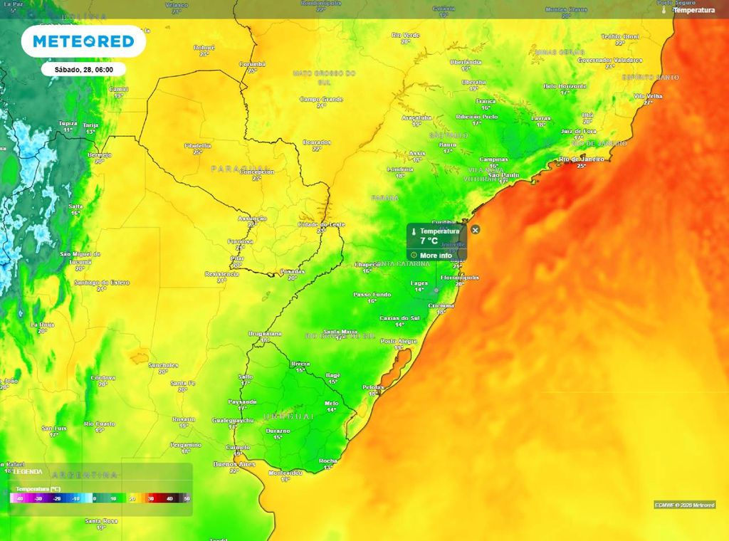 Previsão de temperatura mínima (em °C) para sábado (28) de manhã (6h), segundo o modelo europeu ECMWF.