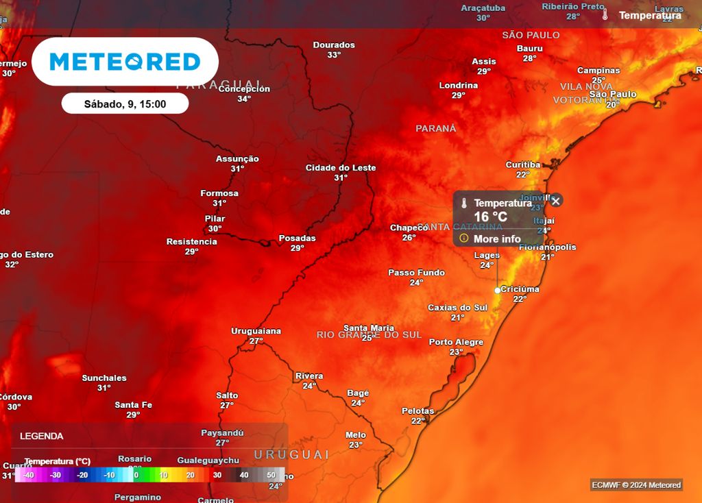 Previsão temperatura máxima, sábado (9).