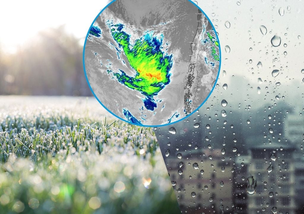 imagen de escarcha, lluvia y un sistema frontal en un círculo que llegará a Chile este fin de semana