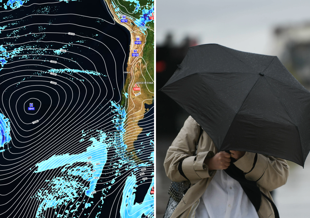 mapa de tiempo y una persona luchando contra el viento mientras sostiene un paraguas Un extenso y poderoso anticiclón sobre el Pacífico se encargará de controlar las condiciones de tiempo que se producirán en Chile durante la próxima semana.