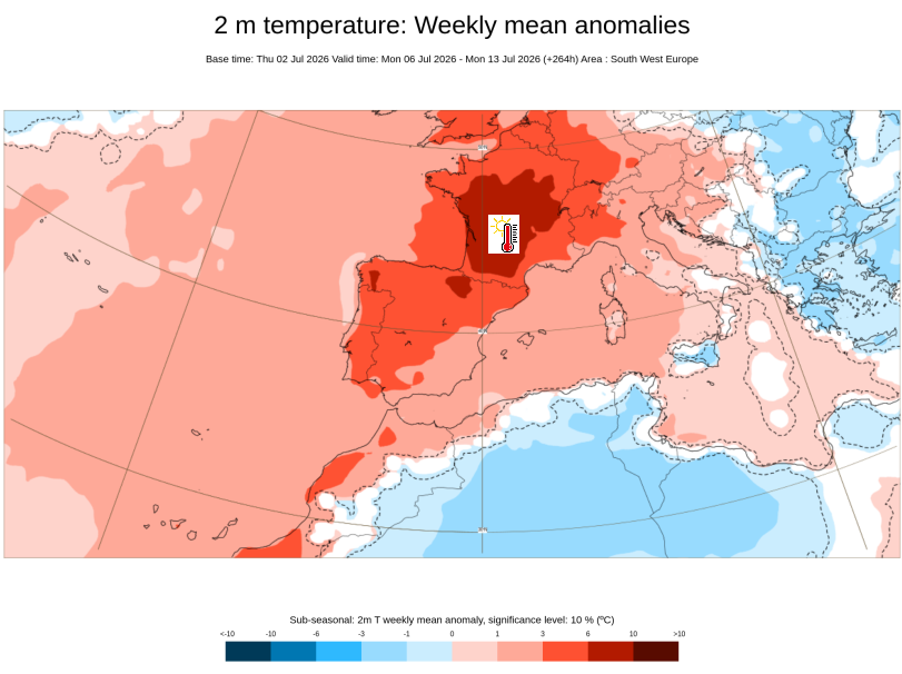 Anomalías de la temperatura para la semana del 6 al 12 de julio de 2026: cálidas en escala de rojos y frías en escala de azules. Obsérvese en Francia y zonas peninsulares en rojo intenso. Fuente: ECMWF