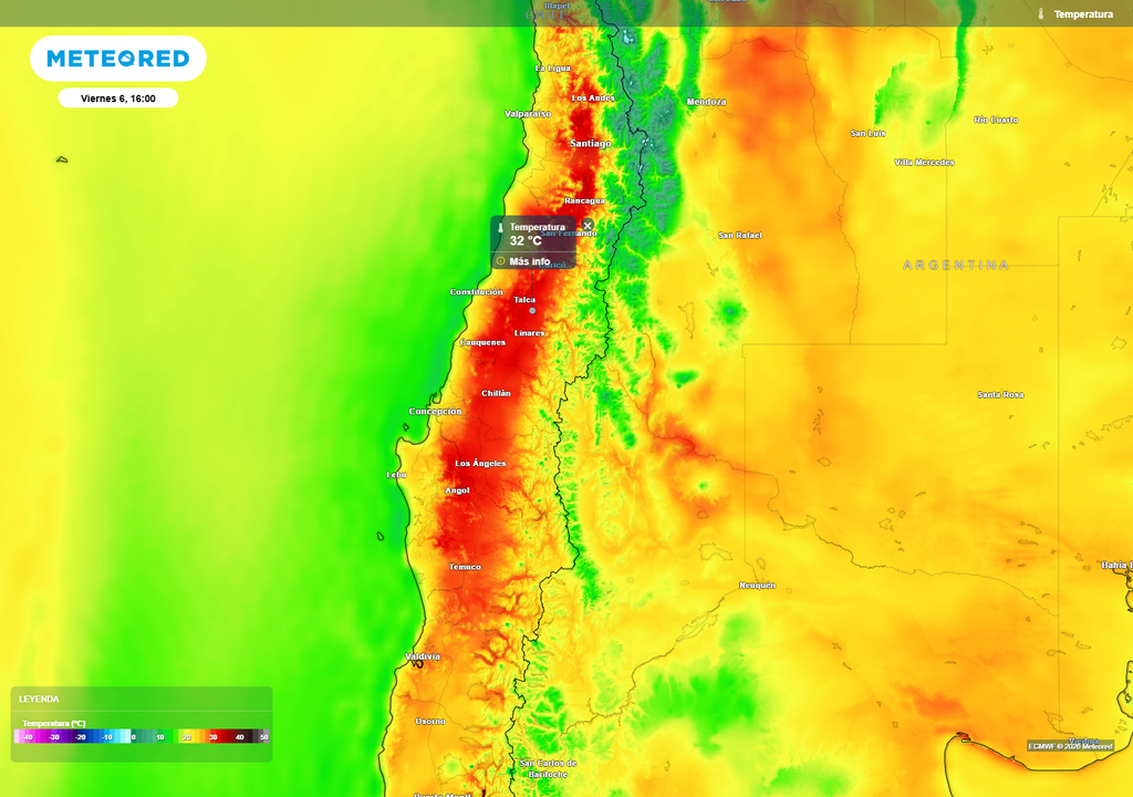 El modelo europeo ECMWF proyecta la expansión del aire cálido hacia el sur durante el viernes, con temperaturas que podrían superar los 30 °C en amplios sectores interiores entre la Región Metropolitana y La Araucanía.