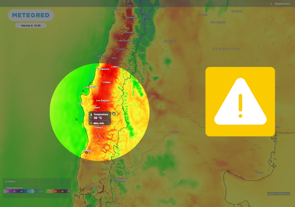 Temperaturas cercanas o superiores a 30 °C en sectores interiores de la zona central y sur durante la tarde del viernes, reflejando la expansión del aire cálido hacia el sur bajo la influencia de una dorsal en altura.