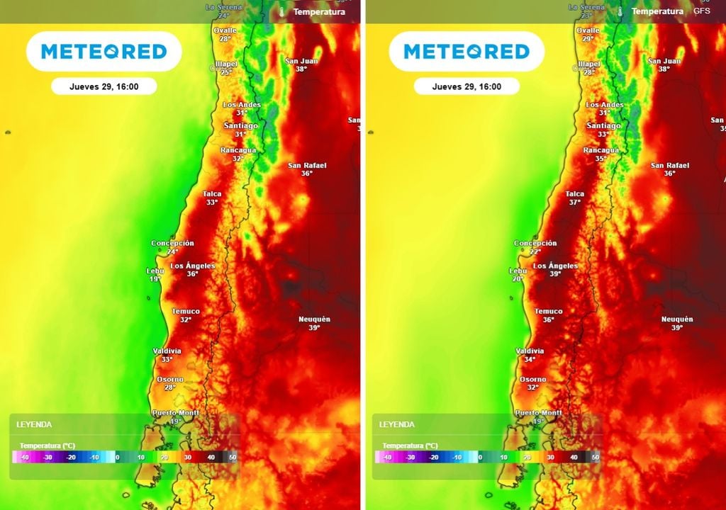 Los mapas de temperatura máxima del jueves, según ECMWF y GFS, muestran que el mayor calor se concentrará entre Maule y Los Ríos. El modelo GFS incluso sugiere valores más extremos que ECMWF.