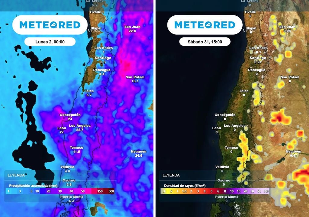 Las precipitaciones se concentrarán principalmente en el centro-sur del país, mientras que sectores interiores y precordilleranos del centro-norte también podrían recibir chubascos y presentar actividad eléctrica durante la tarde del sábado.