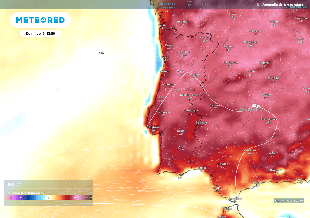 A anomalia térmica positiva evidencia temperaturas claramente acima do padrão habitual para o início de abril, sobretudo no interior, onde o desvio em relação à média é mais pronunciado. A presença de ar mais quente sobre a Península favorece valores máximos elevados, antecipando a aproximação de um período mais fresco nos dias seguintes.