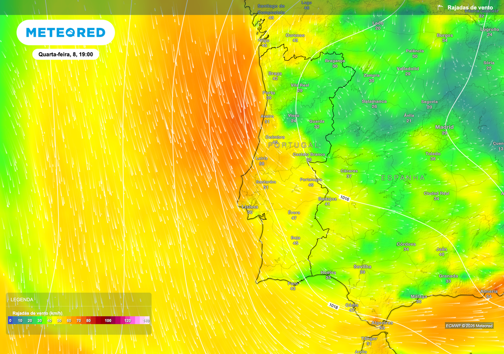 A circulação de oeste intensifica o vento junto à costa, onde se observam rajadas mais fortes sobre o Atlântico. Em Portugal continental o vento mantém‑se geralmente moderado, mas poderá reforçar-se temporariamente ao final do dia nas zonas expostas do litoral e das terras altas. A configuração atmosférica mostra uma aproximação gradual de uma corrente mais ativa vinda do oceano.