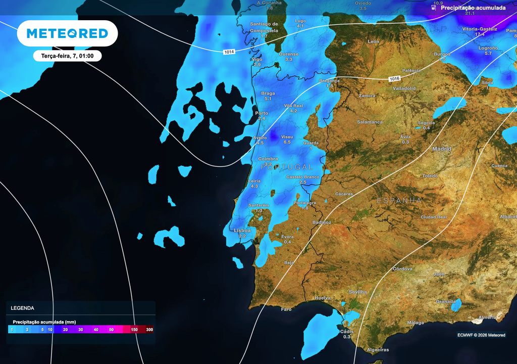 A precipitação acumulada entre 6 e 7 de abril evidencia valores geralmente baixos a moderados, entre 2 e 15 mm, com maior expressão no litoral Norte e Centro. A ocorrência deverá ser irregular, alternando entre períodos de chuva e abertas.