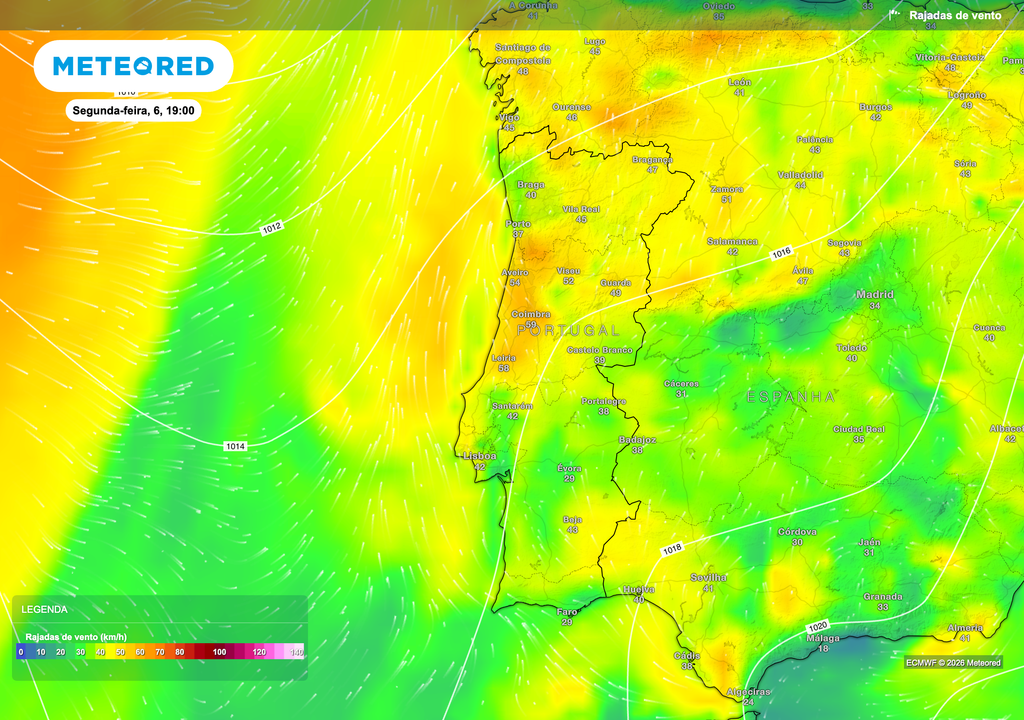 As rajadas de vento intensificam-se entre os dias 5 e 6 de abril, podendo atingir 50 a 70 km/h, sobretudo no litoral e nas terras altas. Este reforço está associado ao aumento do gradiente de pressão provocado pela aproximação de um cavado atlântico.