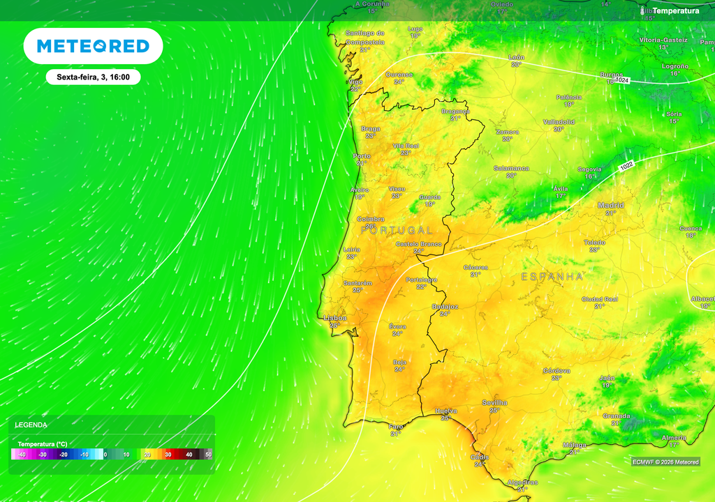 No dia 3 de abril, as temperaturas apresentam valores relativamente elevados para a época, com máximas entre 20 e 26°C na generalidade do território, localmente superiores no interior. Este cenário reflete ainda a influência de um padrão atmosférico mais estável, antes da alteração prevista na circulação.