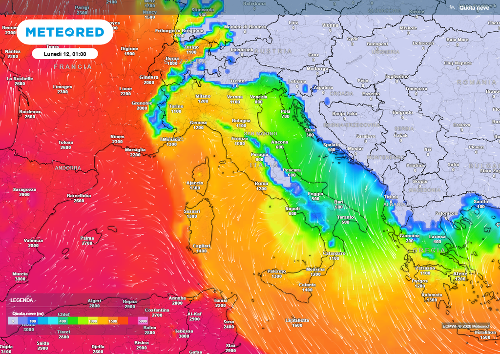 Quota neve per l'Italia prevista nella notte tra domenica 11 e lunedì 12