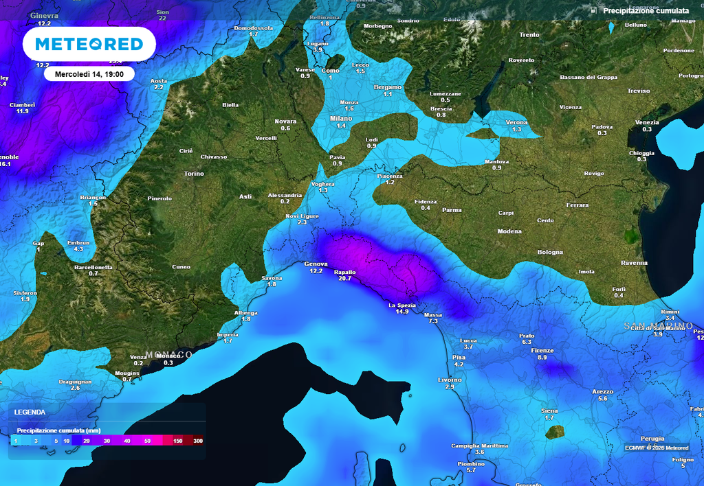 Piogge su Liguria e Toscana e qualche nevicata sulle Alpi