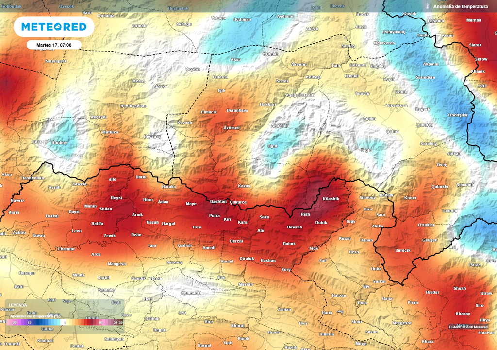 mapa de anomalías de temperatura Las anomalías cálidas de temperaturas seguirán presentes en esta región del Medio Oriente.