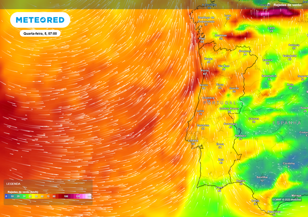 Mapa atmosferico: Rajadas de vento