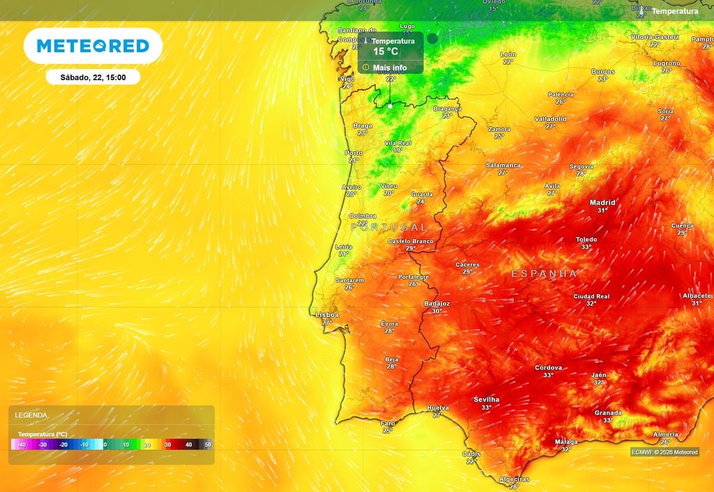 O alívio térmico poderá prolongar-se pelo menos até ao fim de semana. Para este sábado, 22 de agosto, o contraste térmico entre as regiões situadas a norte e a sul do sistema montanhoso Montejunto-Estrela poderá ser bastante notável, com algumas zonas do extremo norte do país a registarem temperaturas máximas de somente 14 a 16 ºC.
