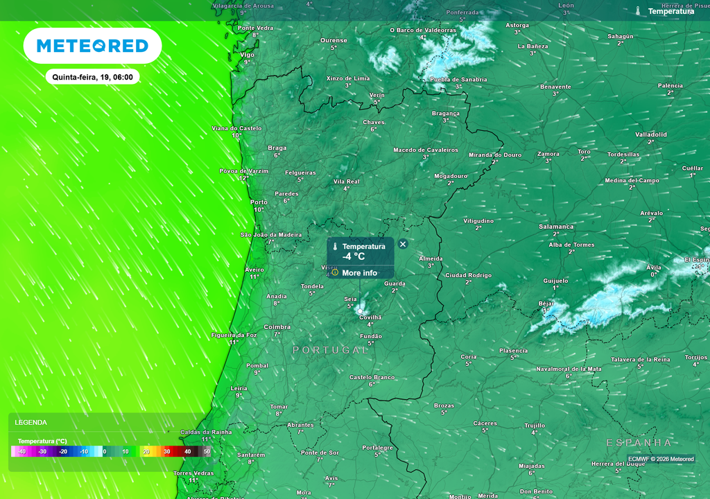 Ainda que vários locais do Norte e Centro possam registar até -1 ºC de temperatura mínima, o ponto mais frio do continente deverá ser a Serra da Estrela, com valores até -4 ºC.