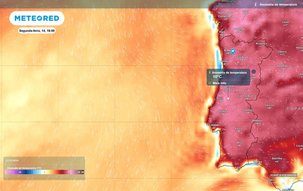 As temperaturas na próxima segunda-feira 14 de setembro poderão situar-se em valores até 10 ºC acima da média climatológica de referência para esta época do ano.