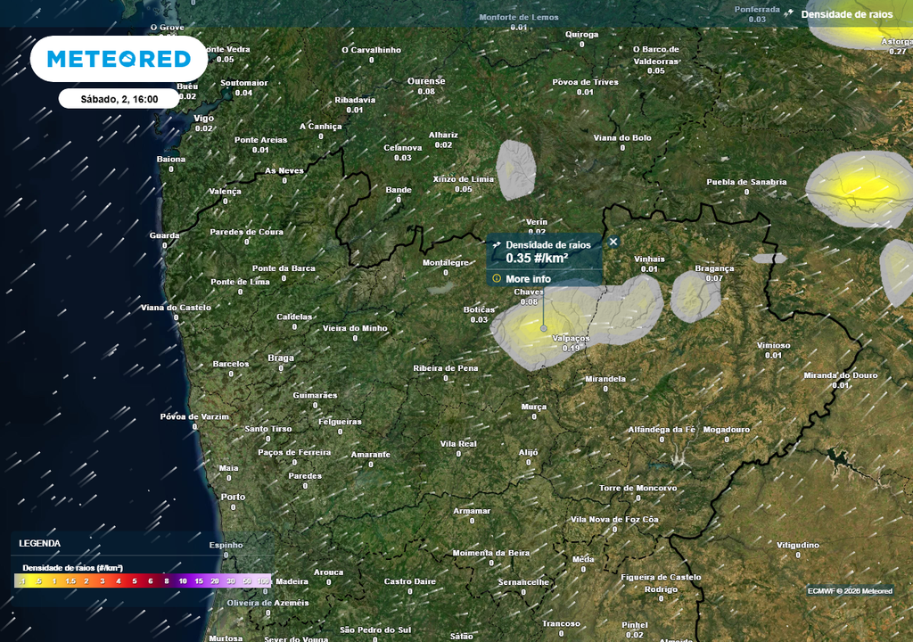 A mais recente atualização do mapa de densidade de raios da Meteored baseado no modelo ECMWF prevê uma maior probabilidade, intensidade e frequência de descargas elétricas em zonas entre os distritos de Vila Real e Bragança, sendo que amanhã, além destes dois, observa-se risco de trovoadas ocasionais também nos distritos de Aveiro e Guarda. A atividade elétrica poderá começar pelas 11:00 terminando por volta das 17:00.