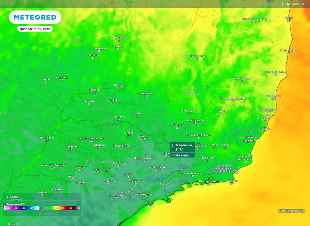 Mínima prevista para a Região Sudeste na manhã de quarta-feira (13).