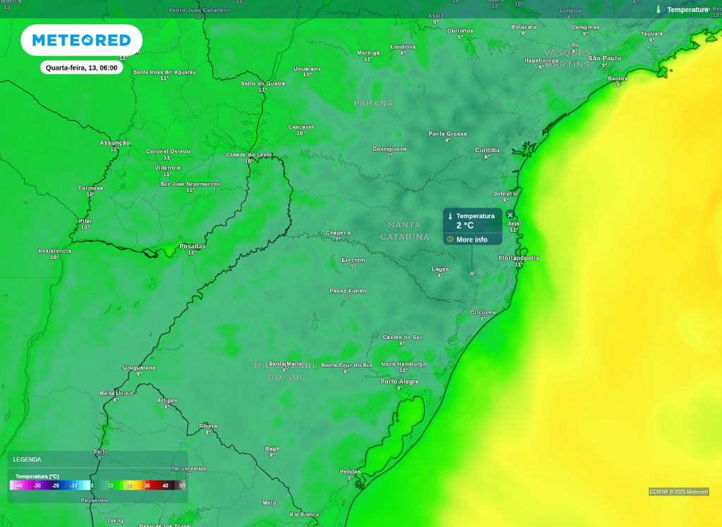 Mínima prevista para a Região Sul na manhã de quarta-feira (13).