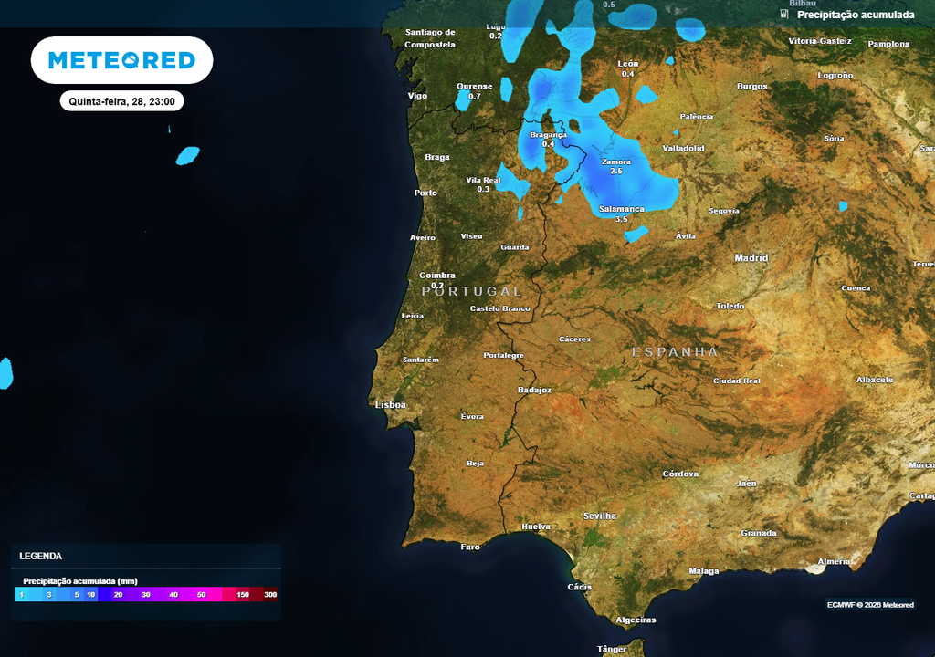 Como se pode observar, a precipitação acumulada até ao final de quinta-feira, 28 de maio, em Portugal continental será escassa e a distribuição será bastante diferente da densidade de raios, apenas coincidindo parcialmente, o que sugere a existência do fenómeno conhecido como trovoada seca.