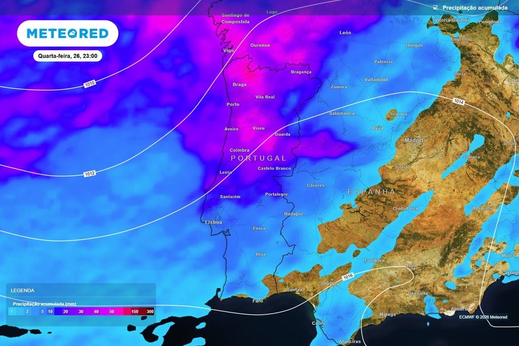 Os maiores acumulados de precipitação até ao final de quarta-feira são previstos nas regiões Norte e Centro, diminuindo de forma significativa em direção ao Sul.
