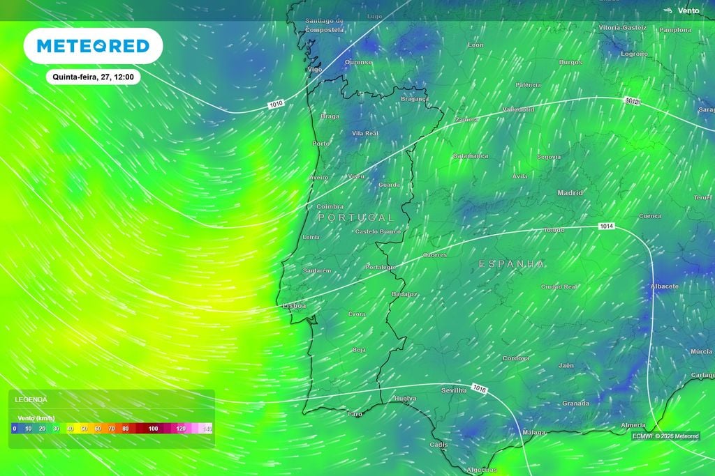 A circulação associada à depressão situada no Atlântico deverá favorecer um fluxo marítimo de oeste/sudoeste e a aproximação de uma segunda frente a Portugal continental.