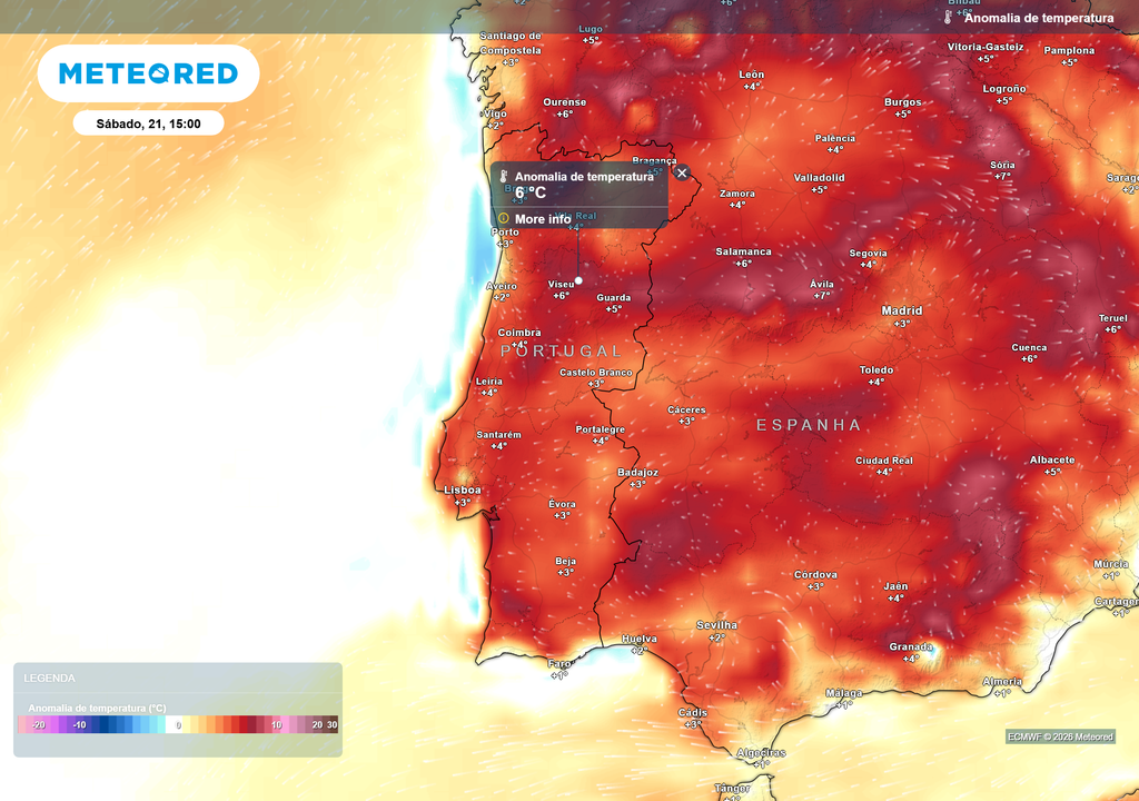 No sábado, os valores de anomalia térmica deverão intensificar-se em todo o país, devido a um novo aumento das temperaturas máximas.