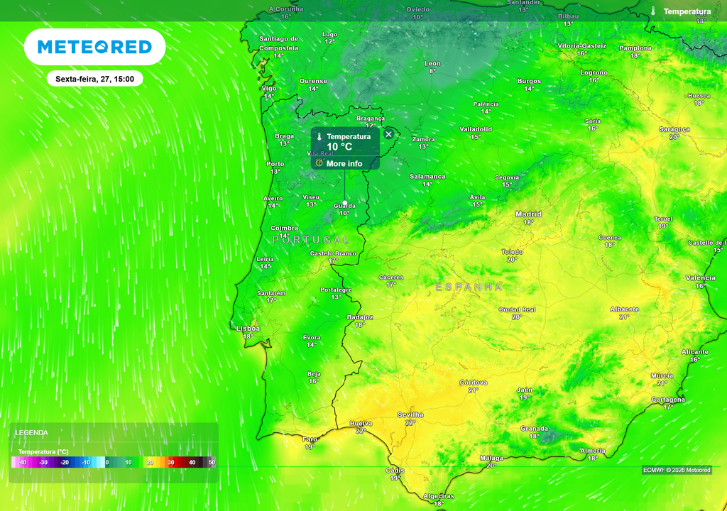 Distribuição dos valores de temperatura máxima na tarde de sexta-feira, dia 27 de fevereiro. O valor mais elevado poderá ser de 19 ºC em Faro.