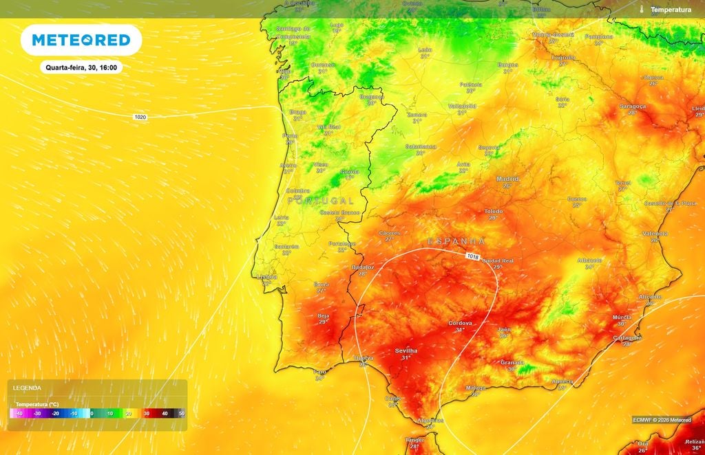 A descida da temperatura será evidente no Norte e Centro esta quarta-feira Na tarde de quarta-feira, o ECMWF projeta apenas 22 ºC em Coimbra e Santarém, cerca de 6 ºC abaixo dos valores previstos no mesmo horário de terça-feira.