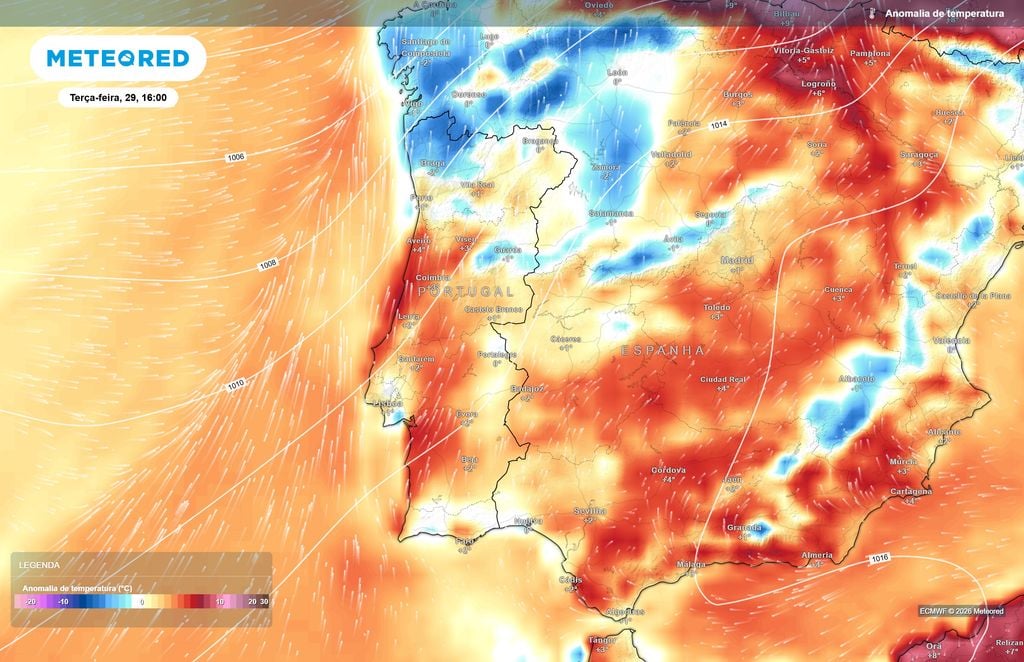 Terça-feira ainda será mais quente que o normal em várias regiões Antes da queda mais acentuada, o ECMWF projeta temperaturas de até 3 a 4 ºC acima da média em alguns pontos do Norte e do Centro durante a tarde de terça-feira.