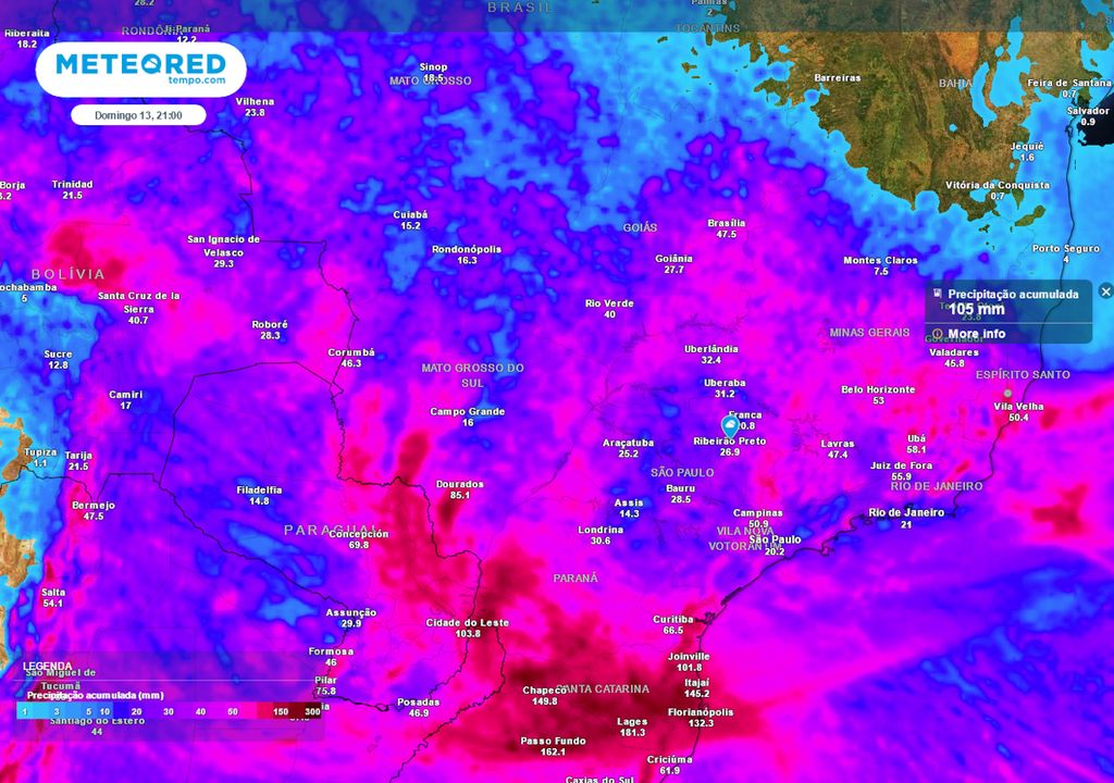 Previsão de acumulados totais de chuva até o domingo.