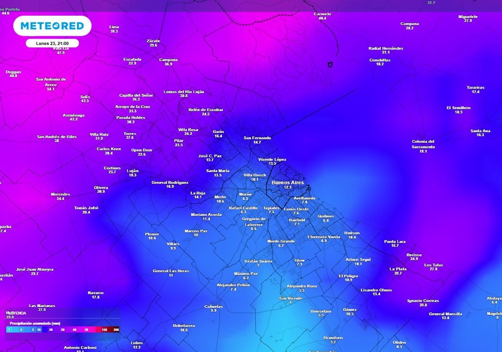 Precipitación acumulada Precipitación acumulada hasta la noche del lunes 23. La zona norte del AMBA será la que recibirá los mayores acumulados.