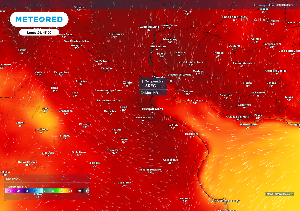 Temperatura Lunes 26 de enero de 2026 a las 15 h Las temperaturas máximas el lunes 26 de enero podrían estar cerca de los 35ºC en el AMBA.
