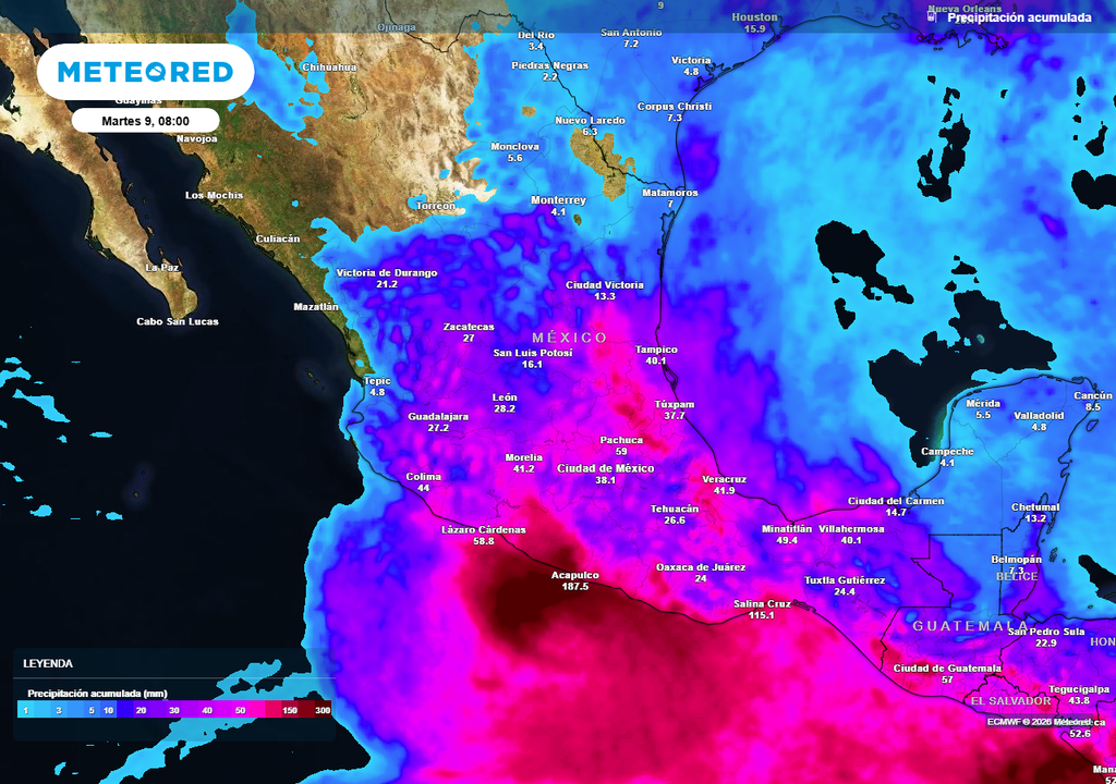 Pronóstico de lluvias acumuladas próximas 72 horas Lluvias fuertes a torrenciales de 70-150 mm y extremas de 250-500 mm en estados del occidente, centro, sur y oriente por efectos de ciclón tropical. Atención en Guerrero.