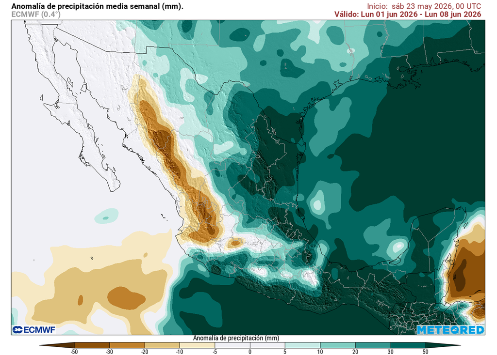 Anomalía de precipitaciones en milímetros Junio comenzará muy lluvioso en gran parte de México por ondas, el Monzón Mexicano y posibles ciclones tropicales, regulando temperaturas.