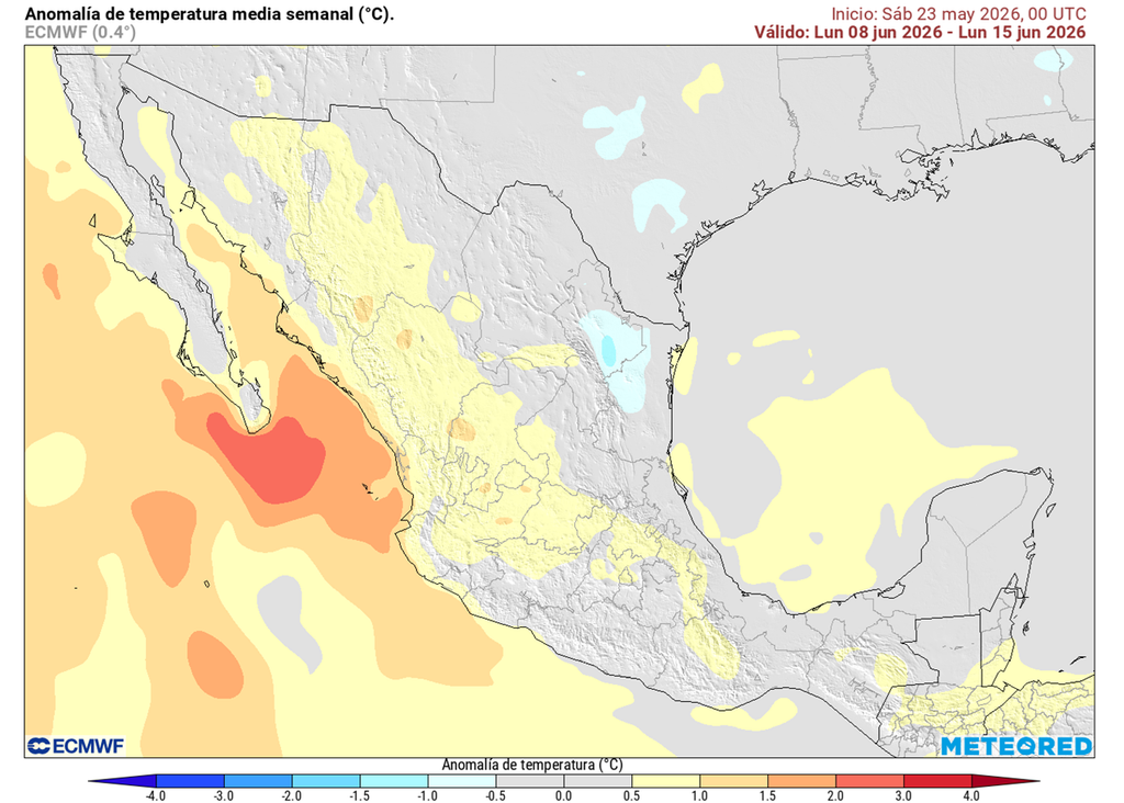 Anomalía de temperaturas en grados Celsius El calor seguirá con intensidad en estados del Pacífico y noroeste, regulándose en el resto del país gracias a las posibles lluvias abundantes
