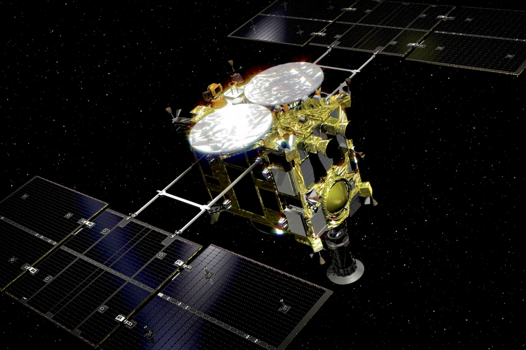 A missão Hayabusa2 foi lançada com o objetivo de coletar amostras e investigar a composição de asteroides primitivos. Crédito: Go Miyazaki