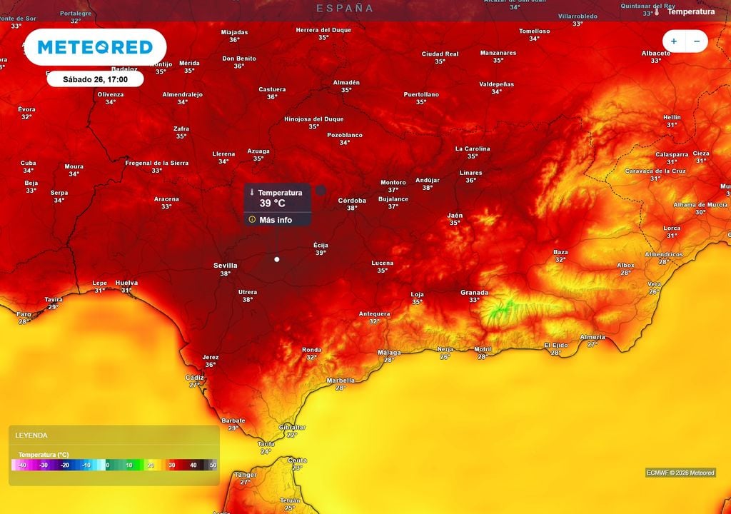 Las máximas podrían dejar cifras cercanas a los 40 ºC en el interior de Andalucía.