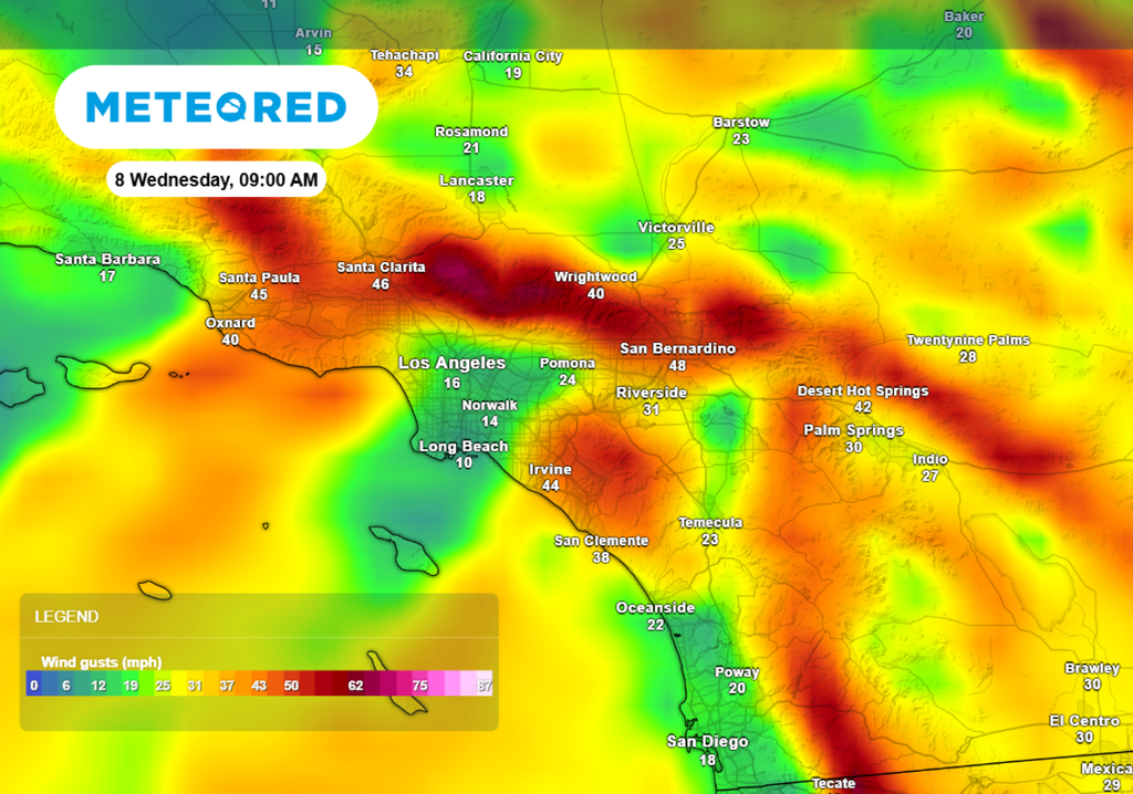 Wind gust forecast for early Wednesday in southern Califorian.