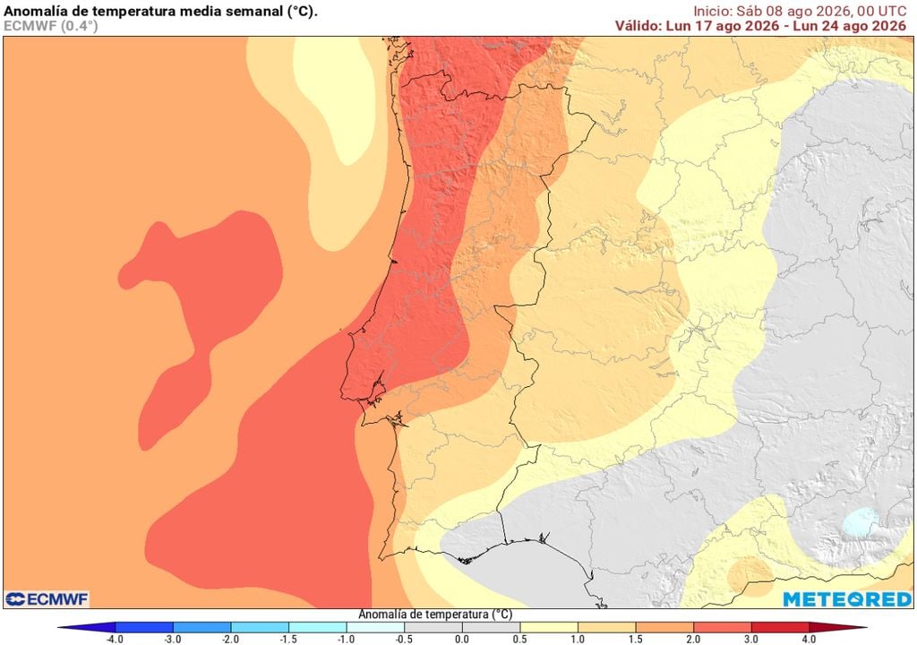 As temperaturas deverão manter-se acima do habitual entre 17 e 24 de agosto, com anomalias positivas mais expressivas no Norte e Centro de Portugal continental e progressivamente menores em direção ao Sul.
