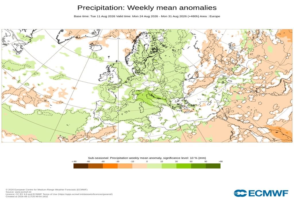 Na última semana de agosto, o ECMWF sinaliza precipitação acima da média em Portugal e numa extensa área da Europa Ocidental. Este sinal representa um desvio face ao habitual para a época e não os acumulados de chuva previstos.