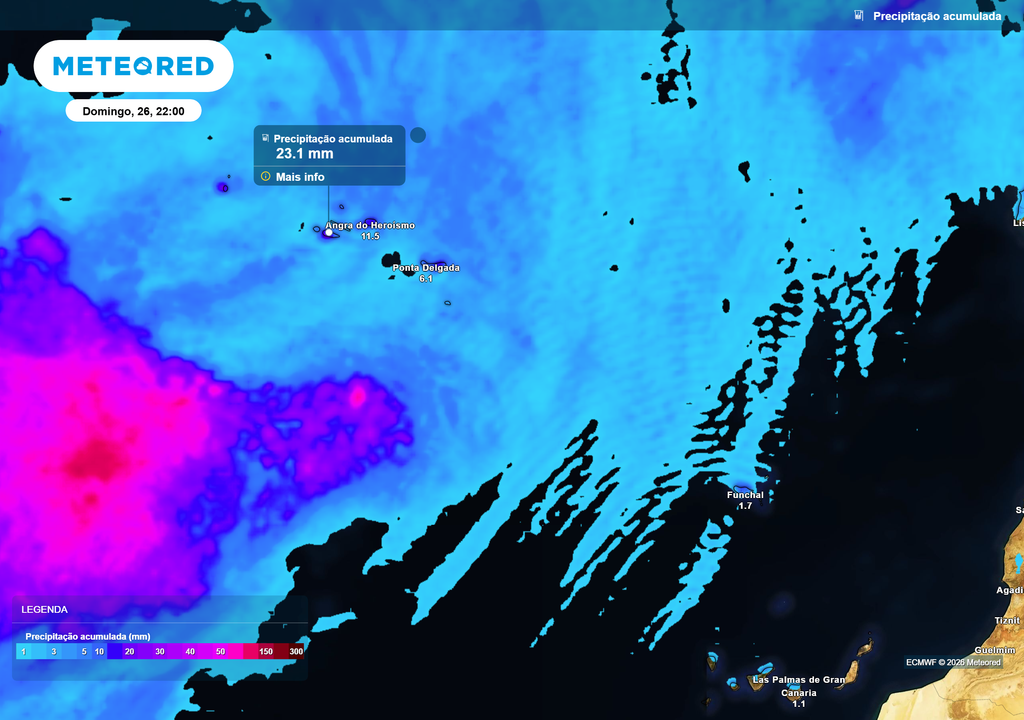 precipitação acumulada; Açores e Madeira O arquipélago dos Açores deverá registar uma acumulação de até 23 mm entre hoje e domingo, dia 26, no Grupo Central. Na Madeira, o valor mais elevado deverá ser de até 11 mm, na Costa Norte.