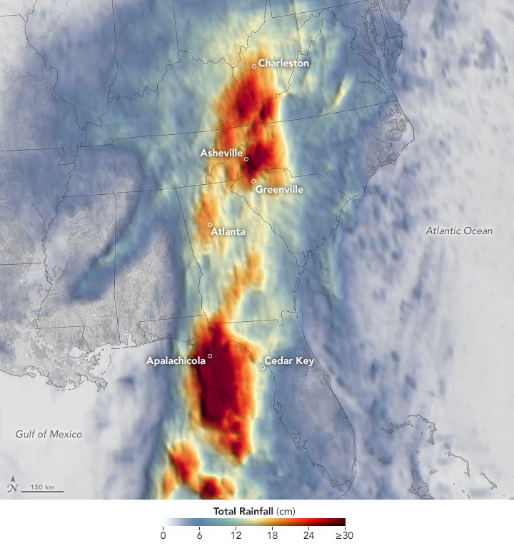 Imagen de la acumulación estimada de lluvia durante el período de tres días que finalizó a las 7:59 p. m., hora del este (23:59 hora universal) del 27 de septiembre de 2024. NASA