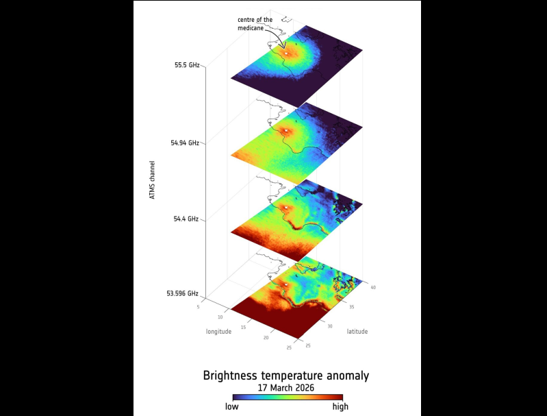 Anomalía de temperatura de brillo del núcleo cálido del medicane Jolina. ESA