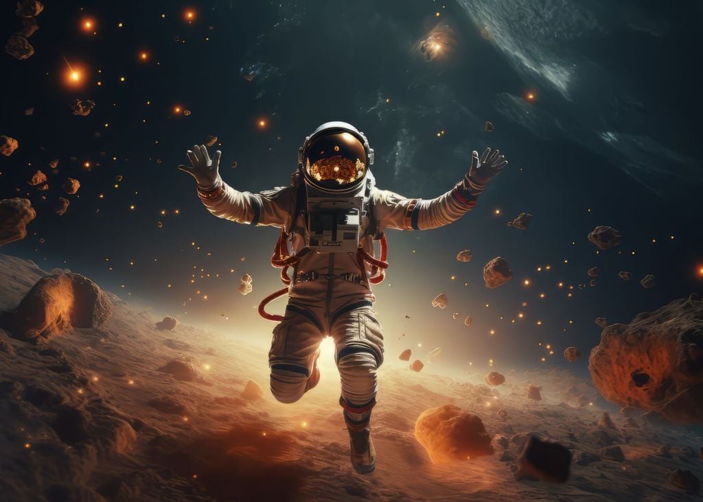astronauta no meio de detritos espaciais