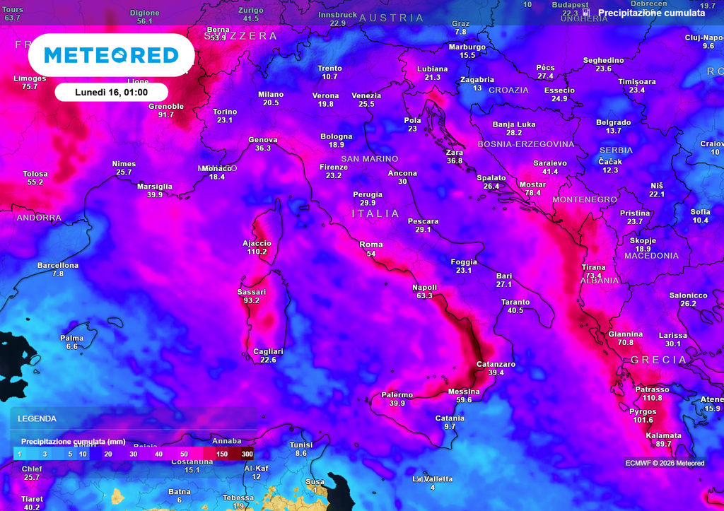 Precipitazione cumulata in Italia nel corso della settimana.