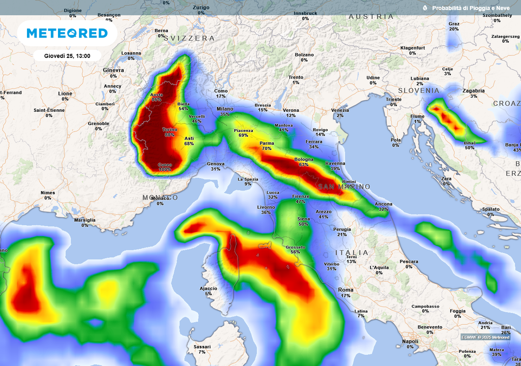 Probabilità di pioggia e neve prevsta per Natale