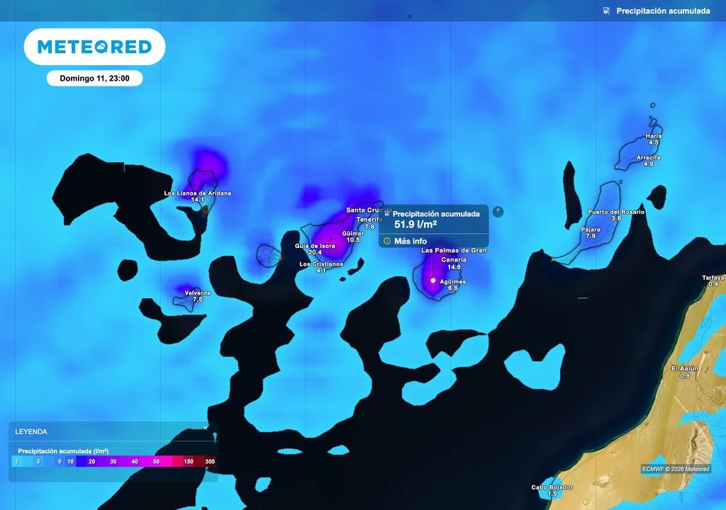 Precipitación acumulada en lo que resta de semana en Canarias, según el modelo europeo.