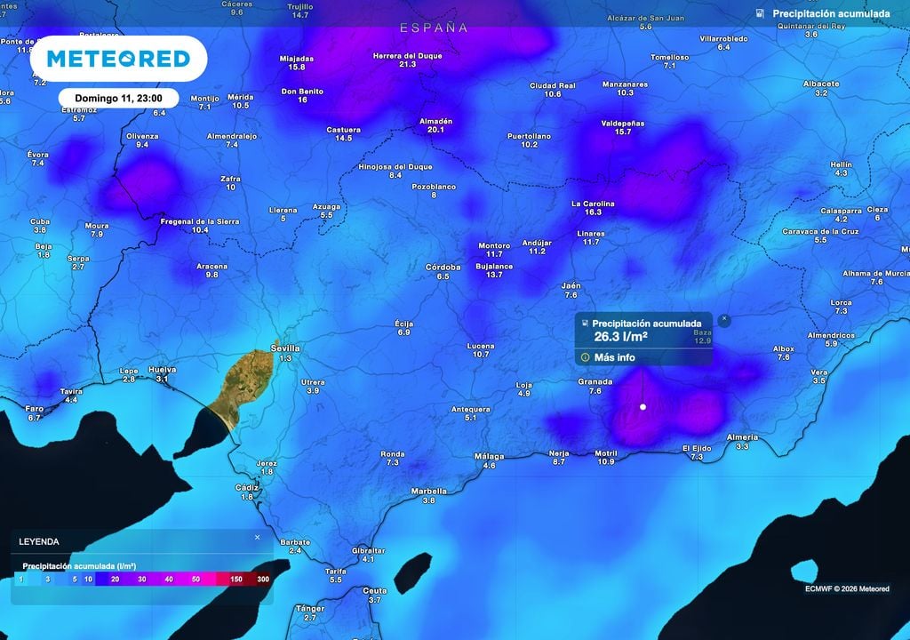 Precipitación acumulada prevista en lo que resta de semana en Andalucía. Fuente: modelo europeo.